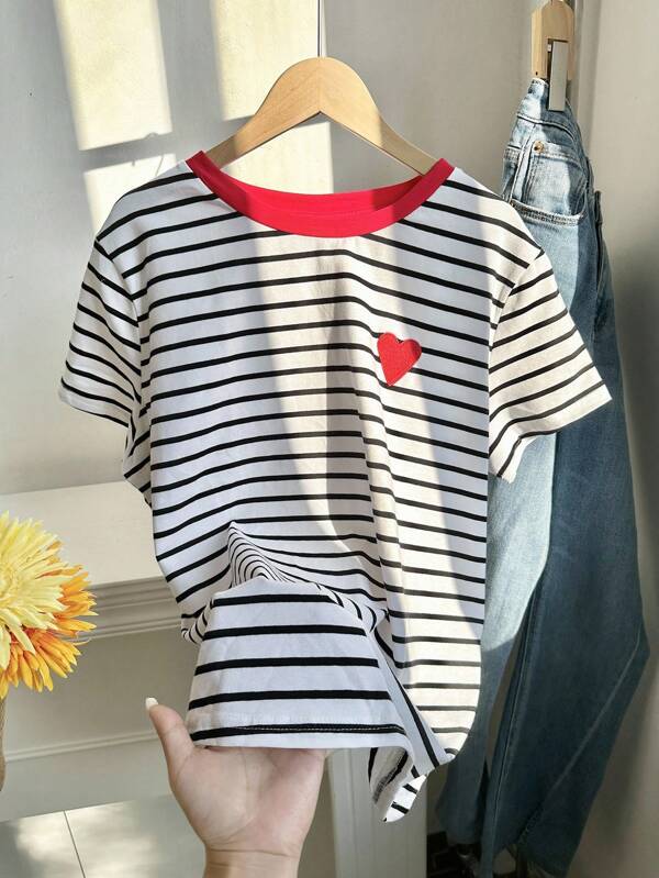 SHEIN EZwear Plus Striped Heart Embroidery Detail Tee, Summer