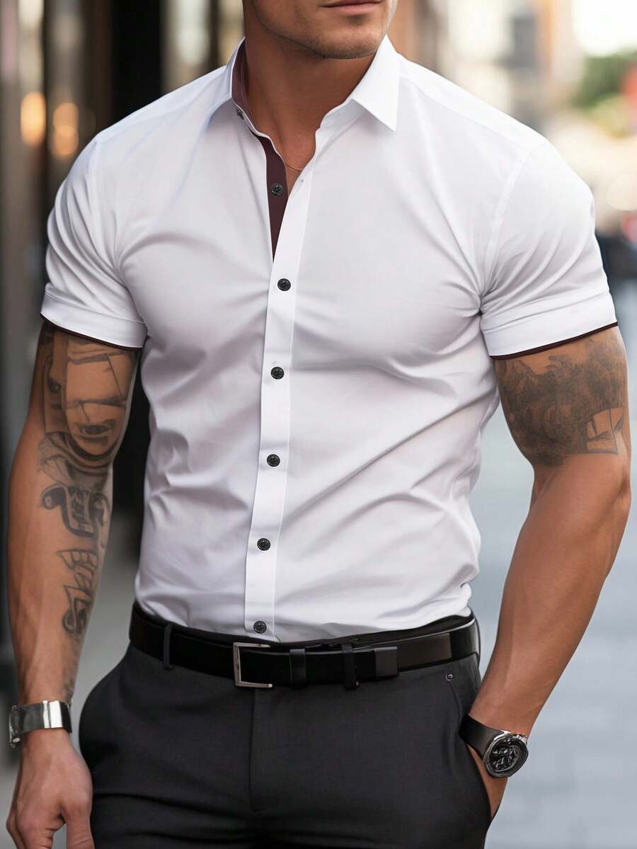 Manfinity Mode 男士休閒對比飾邊鈕扣式正裝襯衫,夏季男士短袖正裝襯衫白色商務上衣領口鈕扣式老錢風,儀式 - 白色 - 查看 1