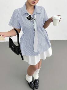 POPSWAY Plus Size Women Striped Short Sleeve Tie Waist Loose Blouse - Multicolor - View 6