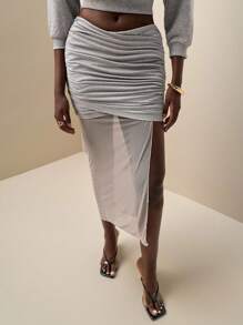 Zolique Women Casual Solid Color Oblique Shoulder Top And Bodycon Skirt 2 Pieces Set - Grey - View 8