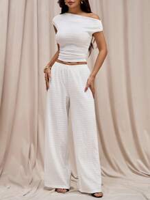 SHEIN PETITE 2pcs Women Set: Oblique Shoulder T-Shirt & Casual Pants - White - View 4