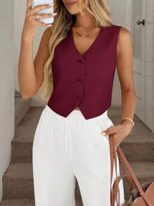 Easowa Women's Casual/Commuting Solid Color Front Button Sleeveless Shirt - Burgundy - View 6