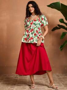 The White Lotus SHEIN VCAY Top Casual Boho com Decote Princesa, Manga Bufante e Estampa Floral Completa, para Mulheres Plus Size, Ideal para Férias, Vestidos Tropicais com Hibisco, Vestidos Havaiano, Blusas Fofas, Camisas de Professor, Aeroporto, Amarelo Manteiga, Férias, Volta às Aulas, Roupas de Outono, Grunge, Kawaii, Viagem, Casual - Multicolorido - Visão 3