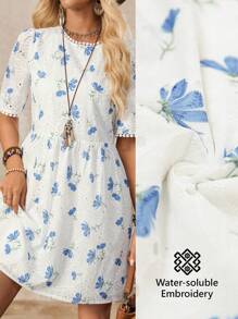 LanaWest Women's Vintage Loose Short Sleeve Embroidered Floral Print White Short Beach Holiday Dress, Summer