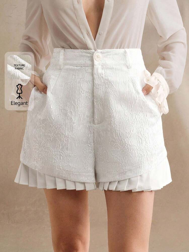 Ladies' Spring And Summer Woven Texture Jacquard Fabric, Pleated Splicing Decoration, White Short Style