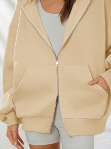 WESTFADE Summer Fleece Oversized Zip Up Long Sleeve Hoodie - Apricot - View 2