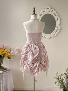 SHEIN MOD 优雅可调节长度的粉色褶饰可爱抹胸连衣裙，两种穿法。乡村装、海滩度假装、茶会装、端庄装、舞会装、薰衣草夏威夷连衣裙、女士太阳裙、波西米亚风 - 粉色 - 查看 4