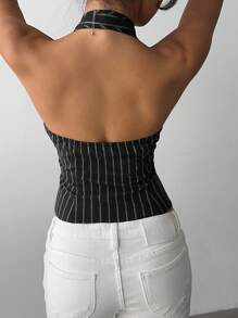 Aloruh 女士棉质条纹立领单排扣薄款西装外套，秋冬款 - 黑色 - 查看 2