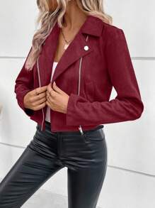 EMERY ROSE Áo khoác nữ dài tay màu trơn, cổ ve áo, khóa kéo, kiểu dáng casual dành cho người đi xe máy, thích hợp cho mùa thu đông. - Màu Đỏ Sâu - Xem 6