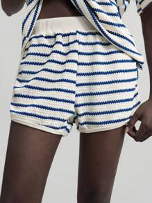 Ontre 2026春夏女士撞色条纹Polo领短袖上衣和短裤套装，带口袋，适合休闲商务、度假、海滩、生日派对、教师制服等场合，两件套 - 藍色 - 查看 4
