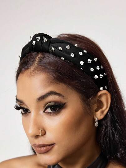 Grunge Punk 1pc Punk Style Rhinestone & Rivet Headband, Solid Black Y2K Pop Edgy Hairband, Niche Design Hair Accessories