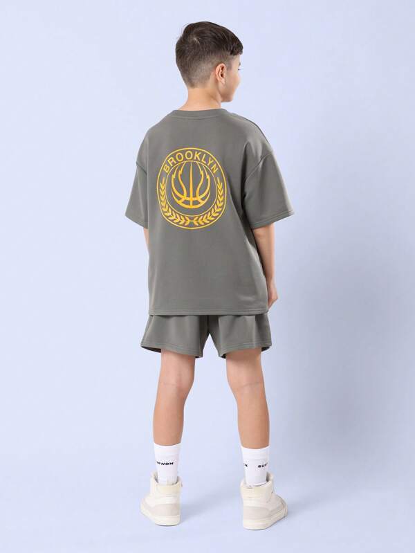 SUMWON Brooklyn Basketball Logo Oversized T-Shirt Set Tween Boys Embroidered Casual Summer Lounge Wear Two Piece Shorts Outfit Streetwear