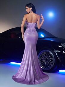 Glamrae 独特涂层紫色礼服，不对称领口，手工珍珠腰线，三角形透明后拉链美人鱼下摆，适合各种正式场合，派对礼服（重装饰） - 淡紫色 - 查看 4