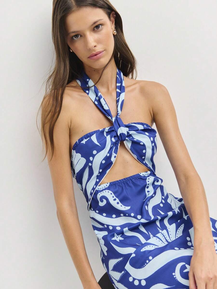 Nöista Vestido corto de cuello halter con estampados inspirados en el mar, corte delantero y detalle de lazo. ¡Un look destacado para el 4 de julio perfecto para fiestas en la playa y escapadas junto al océano!