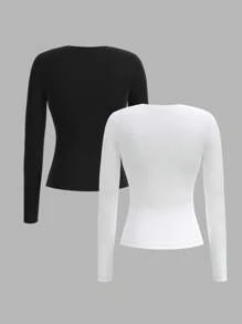 SHEIN PETITE 2pcs Women Casual Tight Fitting Round Neck Long Sleeve Long Tee Set, Black & White, Suitable For Autumn/Winter - Black and White - View 2