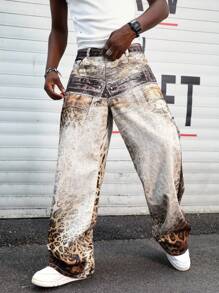 ROMWE MEN Street Life Blugi bărbătești cu imprimeu leopard și buzunare, stil casual, cu picior larg - Multicolor - Vizualizare 1