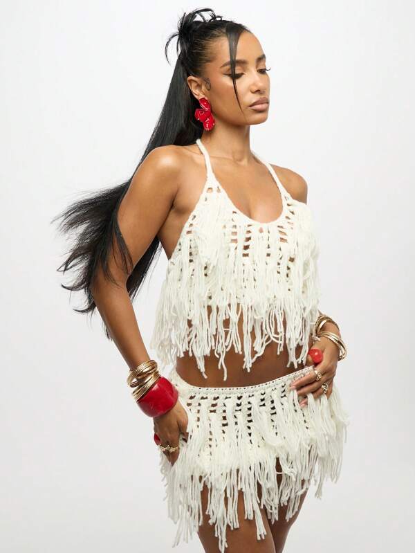 SUMWON WOMEN Crochet Fringe Festival Beach Two Piece Bohemian Holiday Resort Wear Summer Boho Set