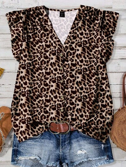 EMERY ROSE Plusstorlek Dam Vardags Casual Semester Rosa V-ringad Små Flygärmar Semesterstil Leopardmönstrad Lös Skjorta, Dam Sommarkläder, Dam Semesterkläder, Dam Sommarkläder, Dam Leopardmönstrad Topp Leopardmönstrad Blus Dam Leopardtopp