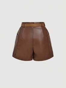 SHEIN MOD Brown Leather Asymmetric Hem Skorts With Belt