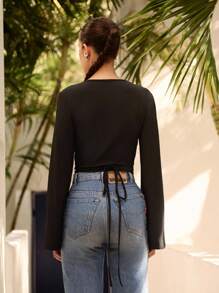 Sunsella الجسم ذو الأكمام الطويلة المنسدلة بأربطة على شكل صليب للنساء في الصيف، ملابس علوية بأشرطة متقاطعة ،ملابس علوية أسود أكمام طويلة، ملابس للمنتجع والعطلات ، الأموال القديمة - الأسود - مشاهدة 4