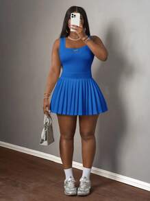 Slaydiva ملابس علوية كاجوال أساسية بياقة على شكل حرف U بلا أكمام، ذات ملصق أسود وكتابة بيضاء؛ تنورة قصيرة منسدلة مع شورت وكولوت من قماش تريكو أبيض، فستان نسائي على شكل خط A للربيع/الصيف - أزرق غامق - مشاهدة 8