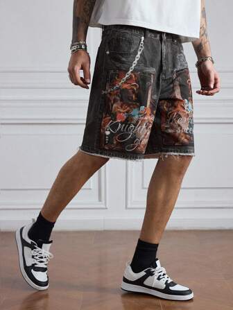 Street Life Men's Religious Letter & Figure Graphic Pocket Frayed Hem Casual Denim Shorts