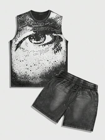 Street Life Men's Eye Print Crew Neck Tank Top And Shorts Casual Suits