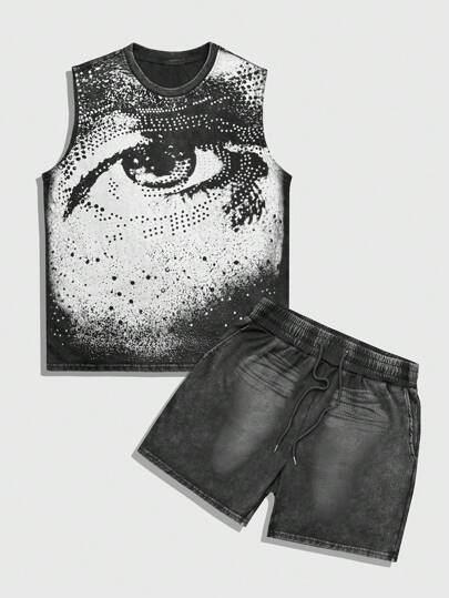 Grunge Punk Men's Eye Print Crew Neck Tank Top And Shorts Casual Suits