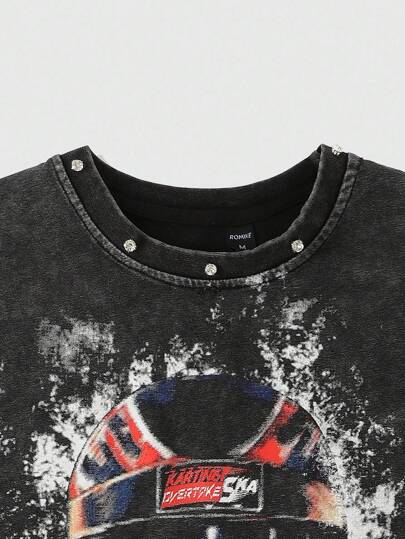 Street Life Parte superior tipo tank con estampado lavado con remaches y tachuelas para hombres, de estilo corto y suelto