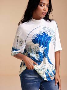 EBIB Full Printed Crew Neck Boxy Fit Oversized T-Shirt Women Summer Casual Top T-Shirt - Multicolor - View 5