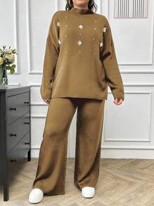 RueChic Women's Pearl Beaded Knit Sweater 2pcs/Set