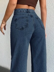 EURMUSE Women's Pocketed Wide Leg Loose Casual Versatile Denim Jeans - Dark Wash - View 3