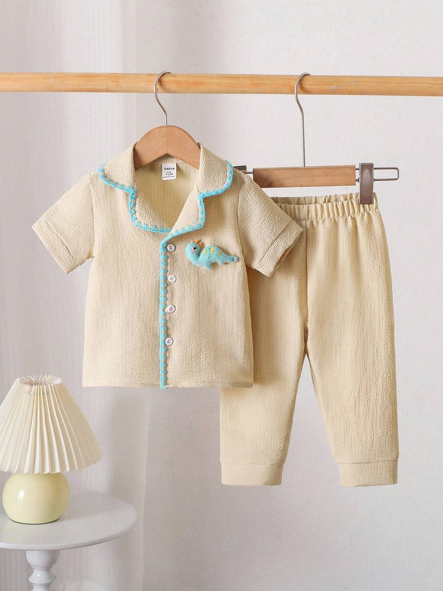 2 件套幼儿男童家居服米色短袖纱布俏皮 3D 可爱恐龙印花上衣和裤子,春夏休闲睡衣 - 棕色 - 查看 1