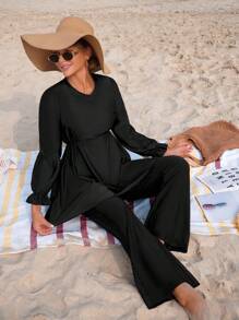 Swim Mulvari 2pcs/Set Women Oversized Modest Solid Black Long Sleeve & Pants Casual Swimsuit For Summer Beach Vacation