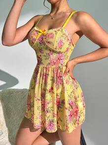 SHEIN Camisón de mujer con estampado floral y decoración de moño - Amarillo - Ver 6