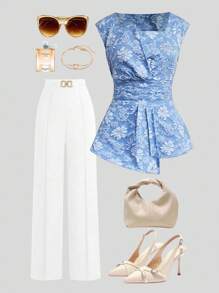 Ellevyn 女士优雅收腰提花无袖衬衫，适合夏季穿着，乡村风格。 - 藍色 - 查看 1