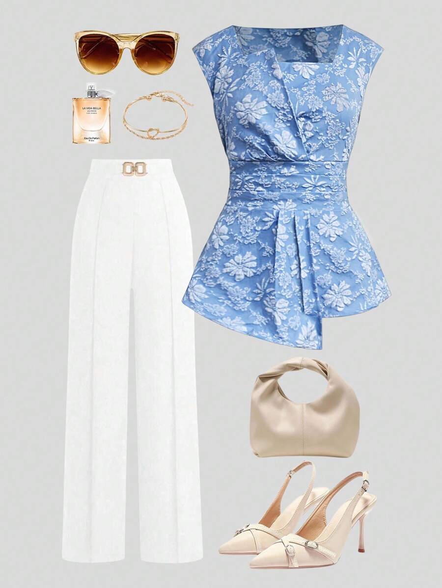 Ellevyn 女士优雅收腰提花无袖衬衫，适合夏季穿着，乡村风格。 - 藍色 - 查看 1