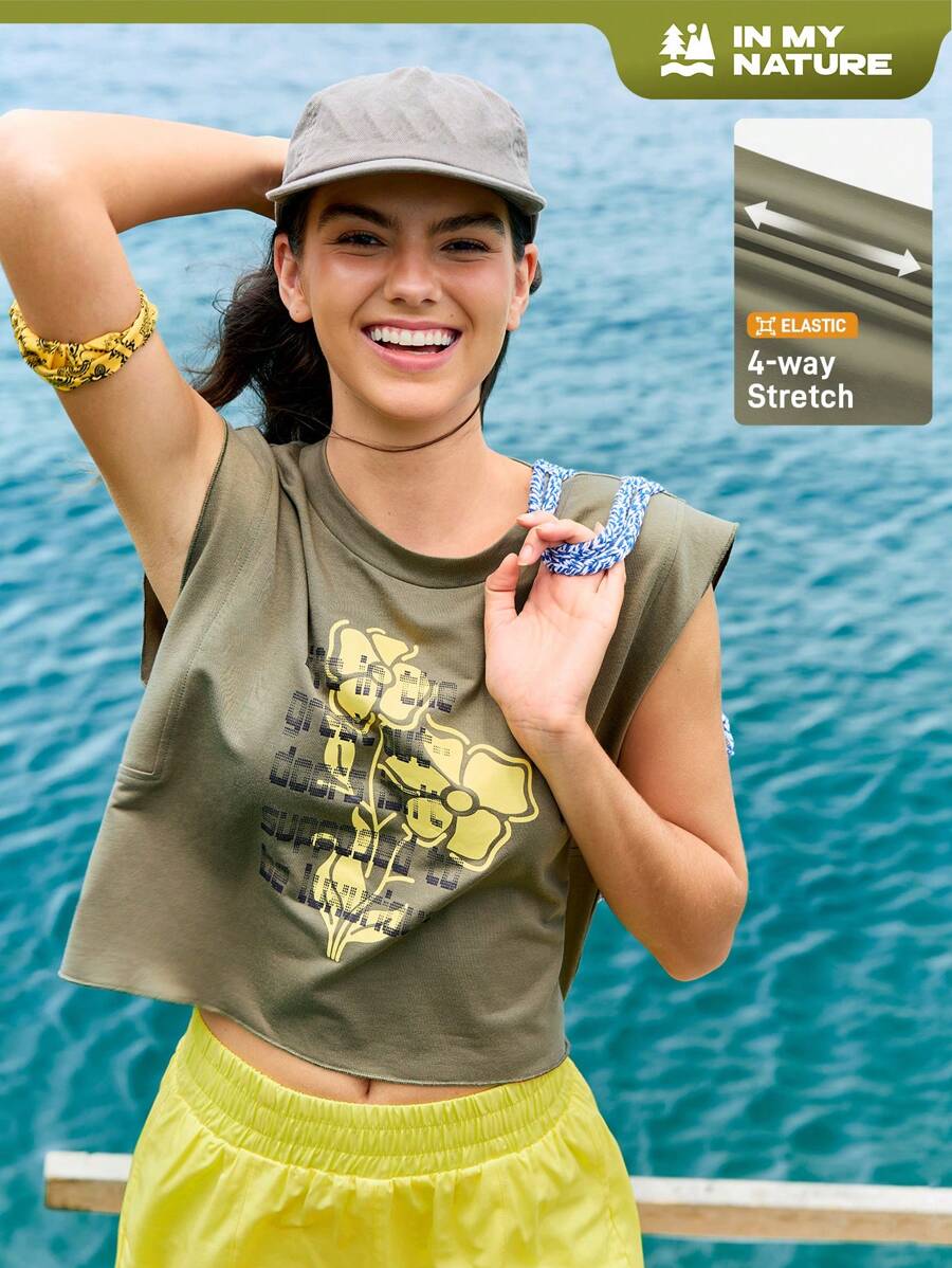 In My Nature Women's Slogan & Floral Print Loose Round Neck Pullover Sweatshirt - Army Green - View 1