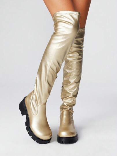 Goth Women's Fashion Over The Knee Boots Comfortable Round Toe Chunky Block Heels Thigh High Fall Boots With Adjustable Drawstring And Side Zipper