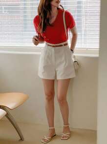 DAZY Women's Solid Color Asymmetric Neck Button Design Casual Knit Top, Short Sleeve - Red - View 4