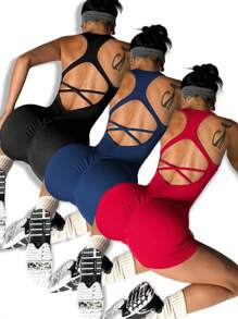 Easithlete 3 pares de mujeres Body de punto sin costuras con espalda de cruce, de alta elasticidad