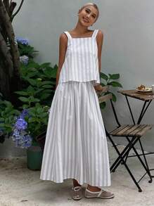 DAZY 2 Stücke/Set Damen gestreifter Tank Top mit quadratischem Ausschnitt und plissiertem Saum und Rockteil, Lässig Sommer