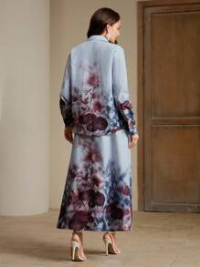 Anewsta 2 件套休闲优雅花卉印花长袖开衫衬衫和 A 字长裙，秋夏 - 彩色 - 查看 2