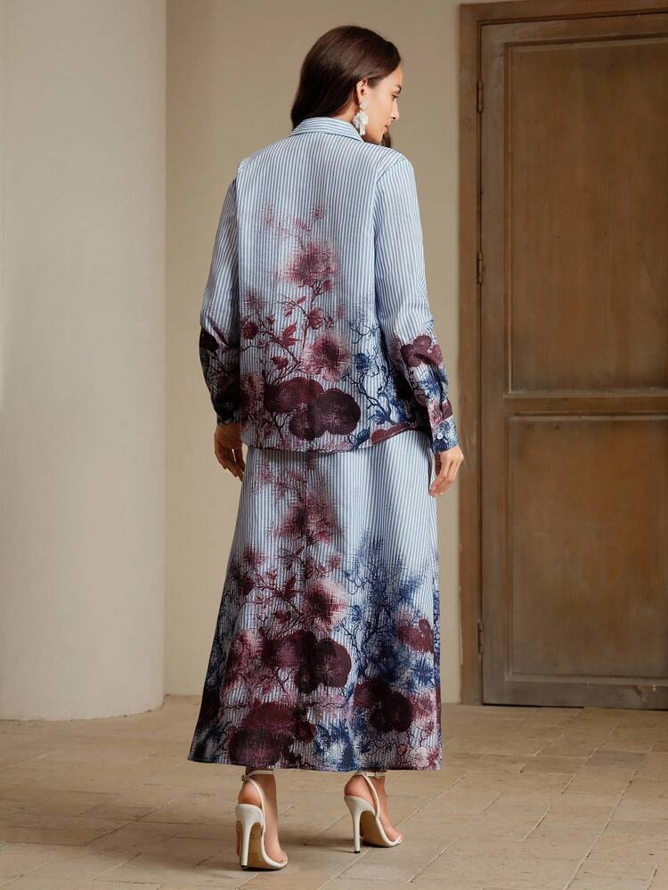 Set de 2 piezas con Camisa de Cárdigan de Manga Larga con Estampado Floral Elegante Informal y Falda Larga Línea-A, para Otoño/Verano