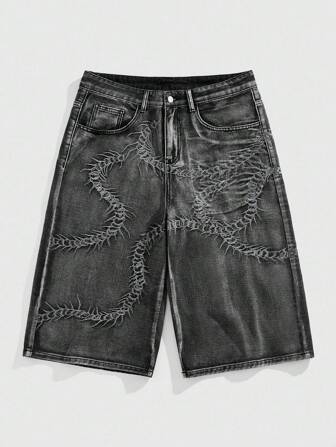 Anime Jeans de denim casuales de verano para hombre con bolsillo en ángulo, detalles bordados y efecto lavado de agua