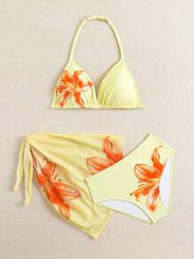 SHEIN Tween Girl Cute Floral Halter Bikini Set & Wrap Skirt Swimsuit Set (Random Print), Yellow Bathing Suits