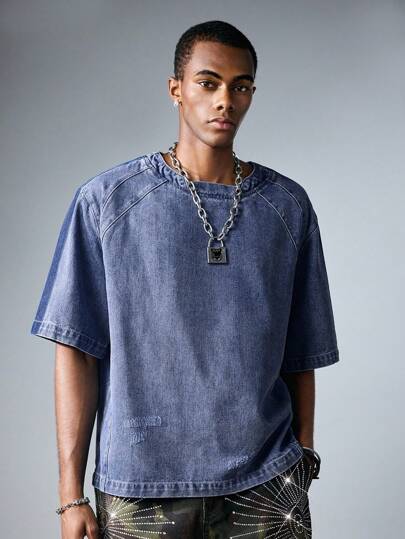 ROMWE Avant Men's Summer Round Neck Short Sleeve Casual Denim Patchwork T-Shirt