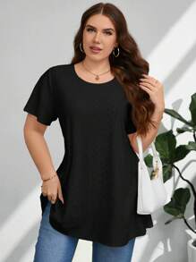 Firerie 加大码优雅休闲度假简约纯色 A 字中长加大码短袖夏季 T 恤，宽松穿孔纹理弹力面料，适合办公室穿着，白色 - 黑色 - 查看 5