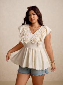 Elaquor Áo cánh cổ chữ V thiết kế hoa thời trang cỡ lớn cho nữ, thích hợp cho kỳ nghỉ, đi làm - trắng - Xem 2