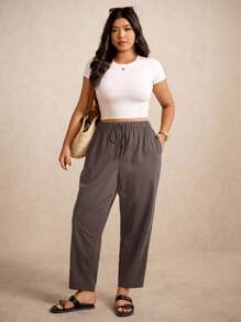 Elaquor 大码女式纯色松紧腰带口袋休闲七分裤